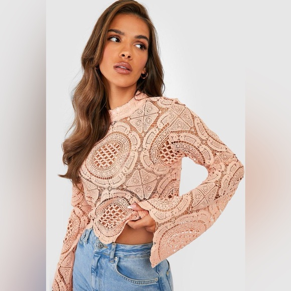 Boohoo Premium High Neck Flared Sleeve Lace Crop - Picture 1 of 8